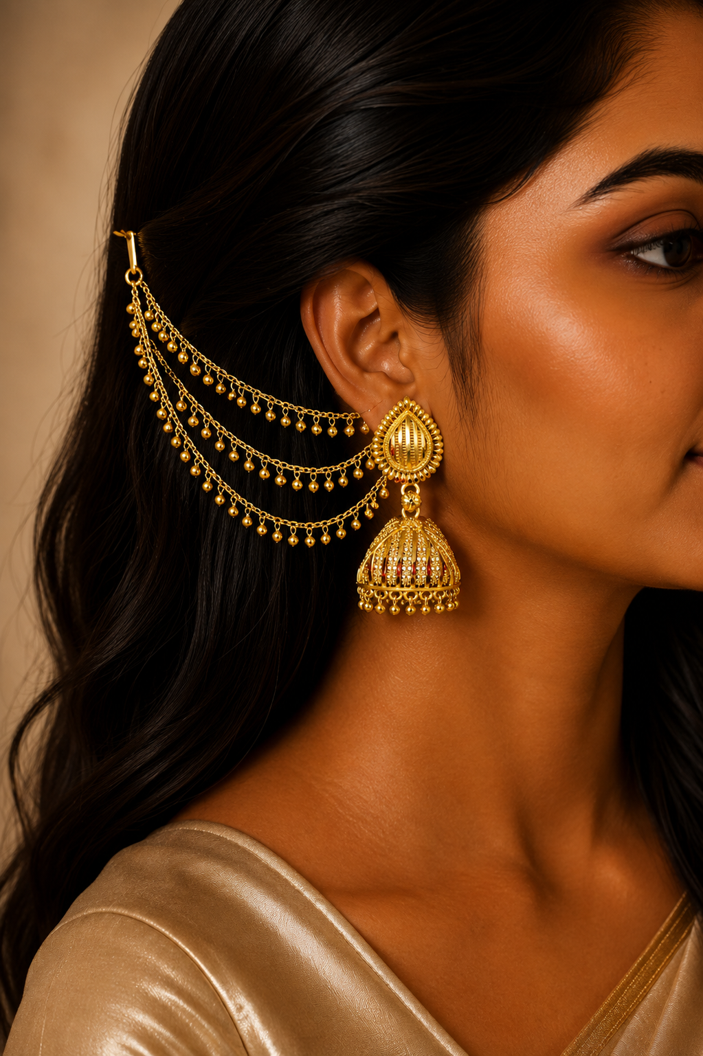 Golden Beaded Three-Tiered Sahara Ear Chain