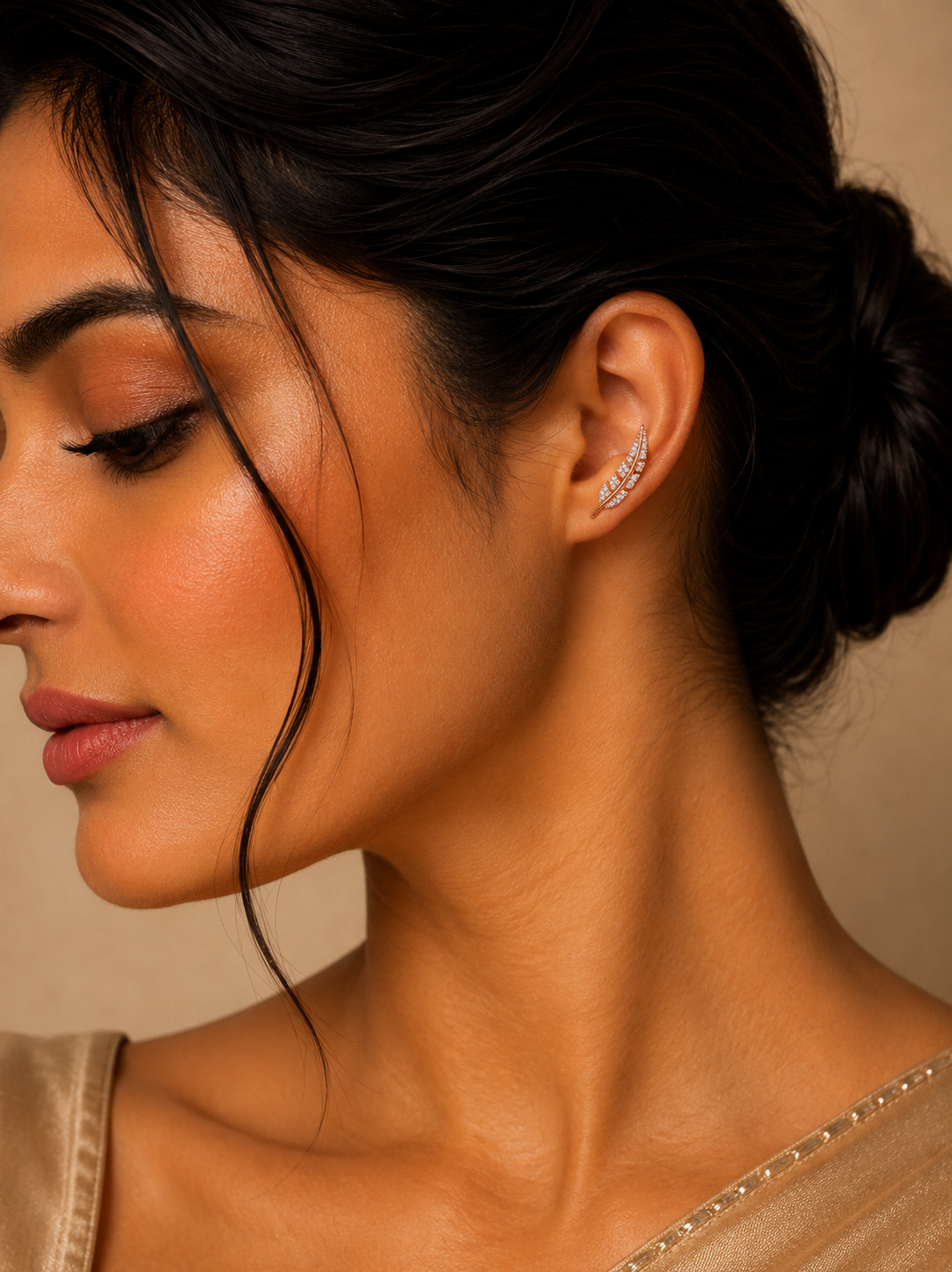 Crystal Feather Rose Gold-Toned Ear Crawlers