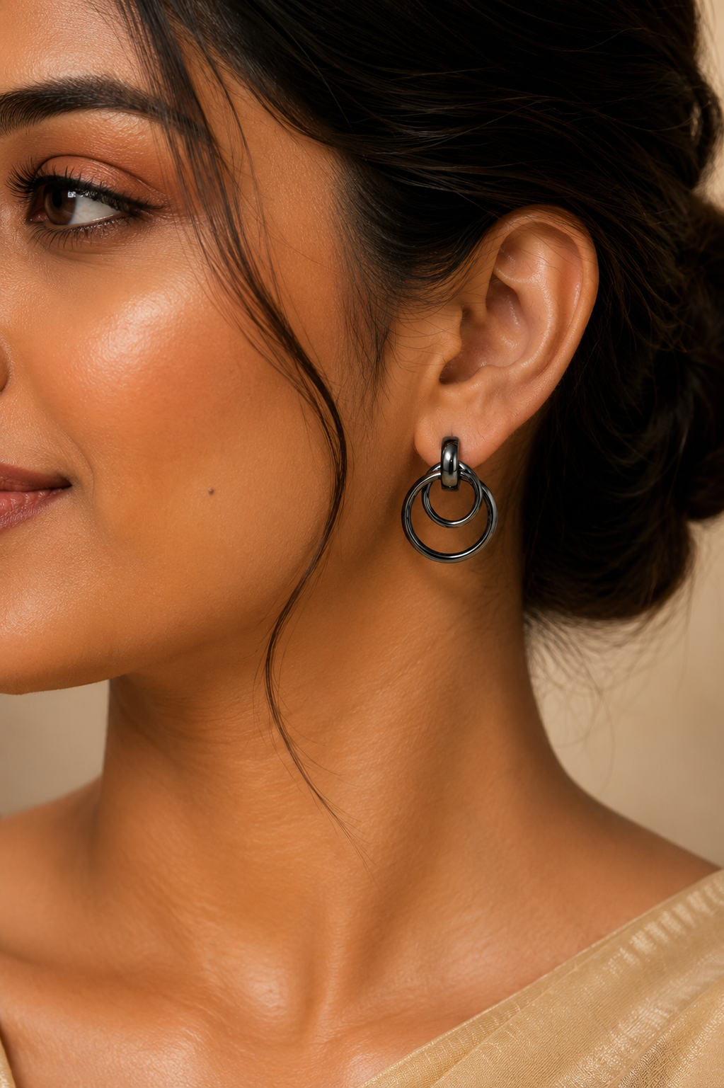 Interlocking Gunmetal Multi-Ring Drop Earrings
