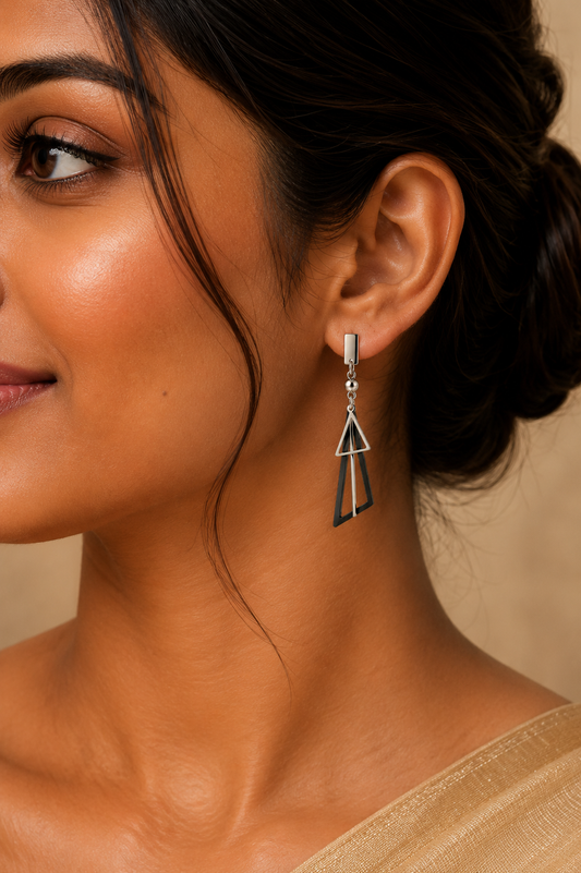 Geometric Minimalist Silver & Black Dangle Earrings