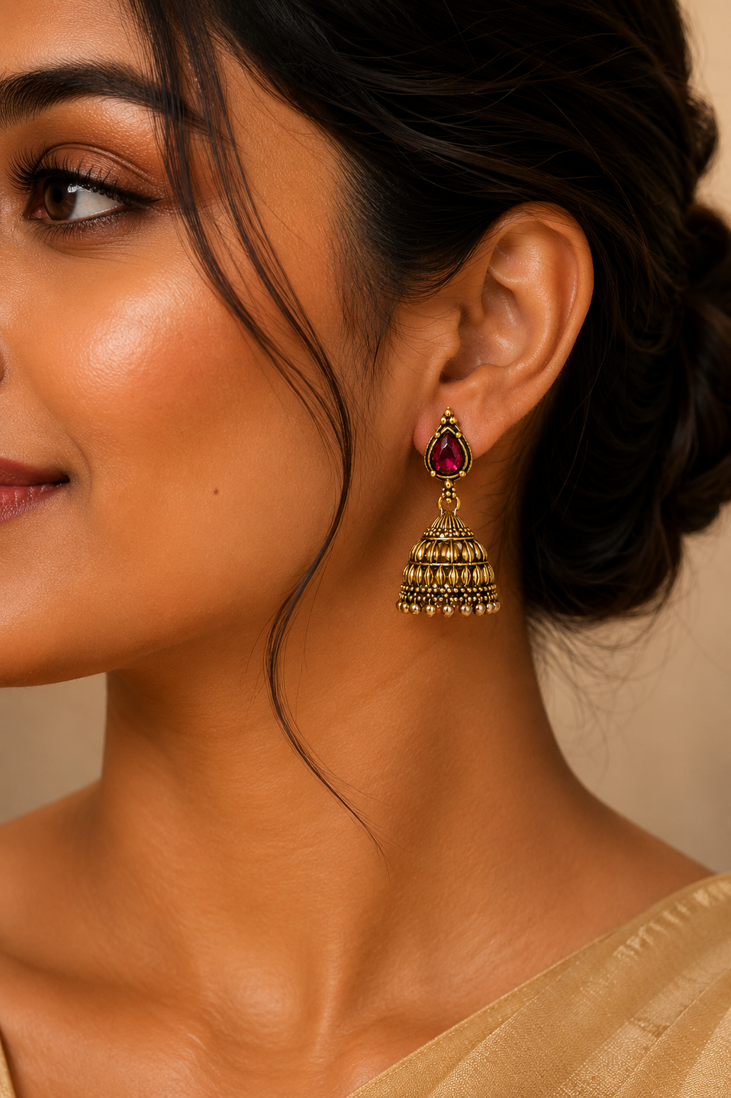 Antique Gold-Toned Ruby Temple Jhumkas