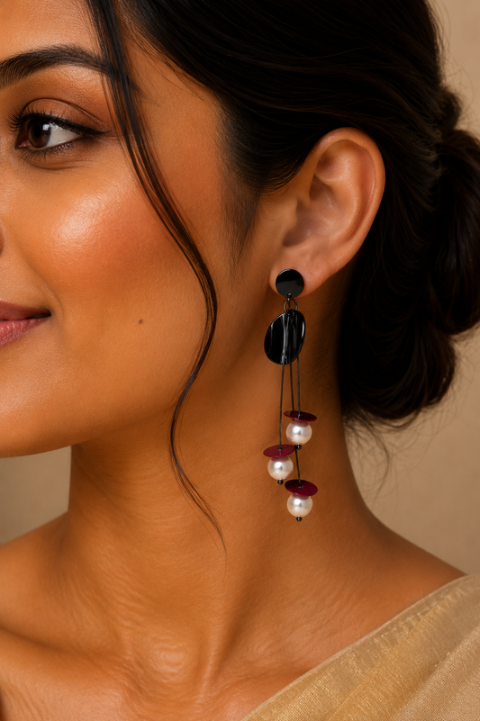 Abstract Crimson & Pearl Dangle Earrings