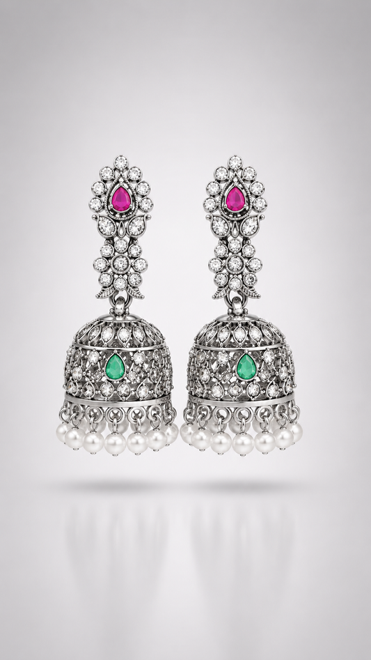 Chandrika Silver Floral Jhumkas