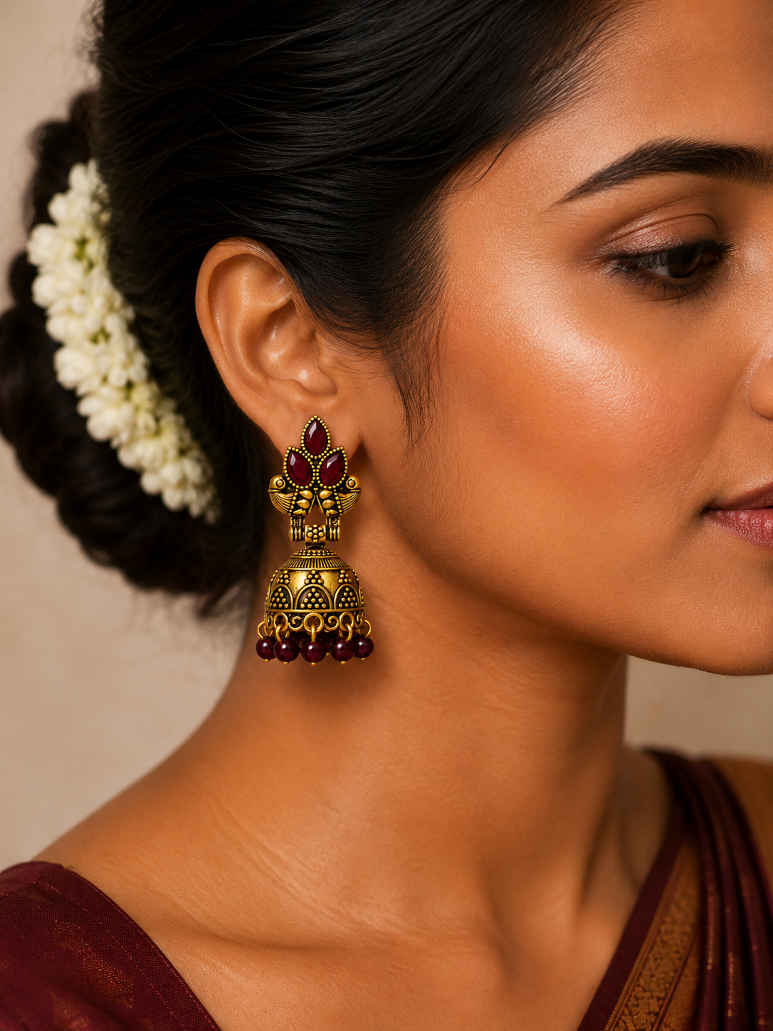 Mayura Crimson Bloom Jhumkas