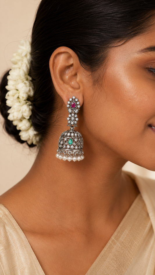 Chandrika Silver Floral Jhumkas