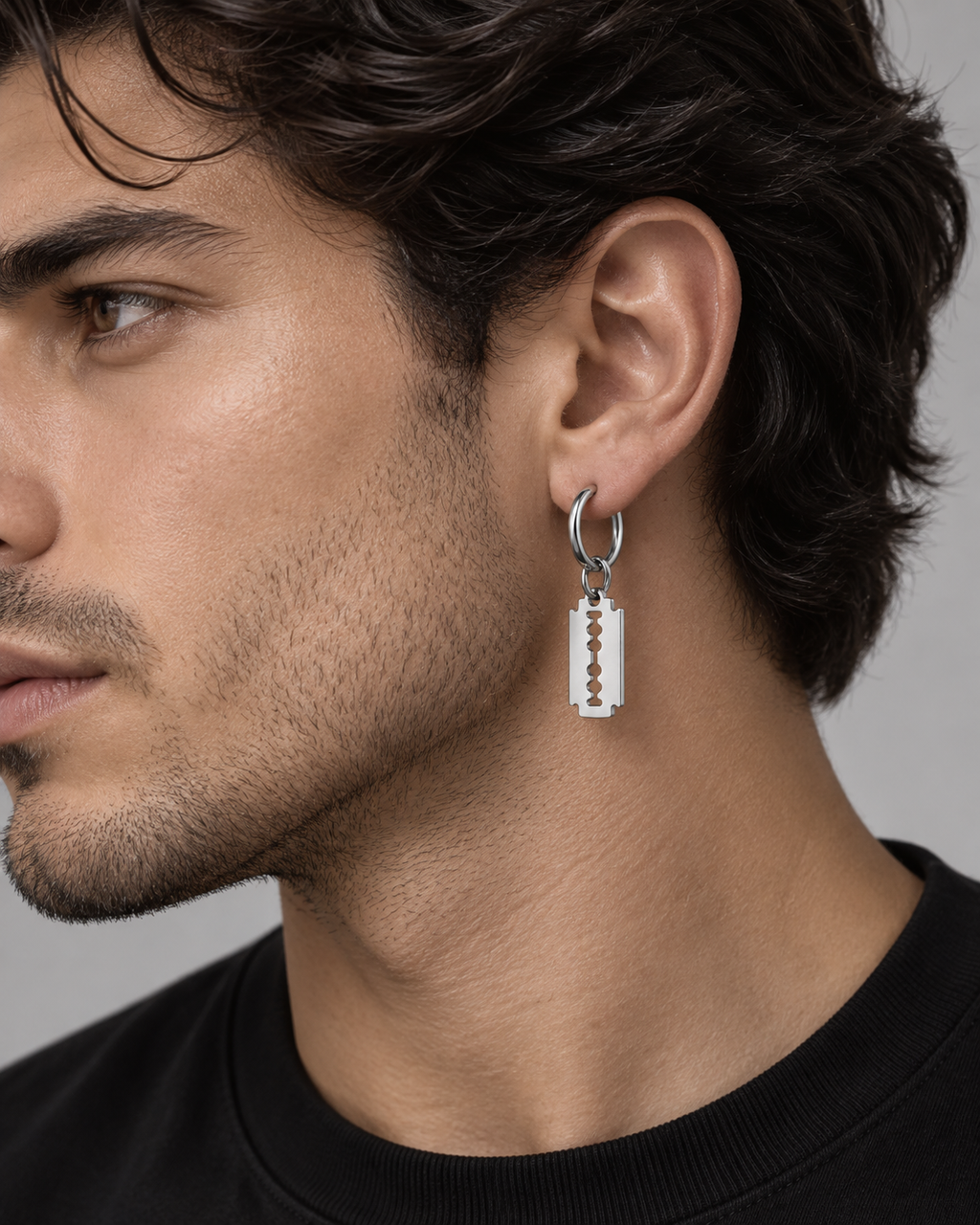 Men’s Silver Razor Blade Dangle Hoop