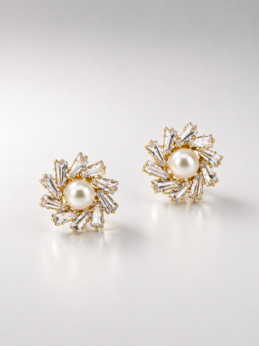 Radiant Pearl Halo Stud Earrings