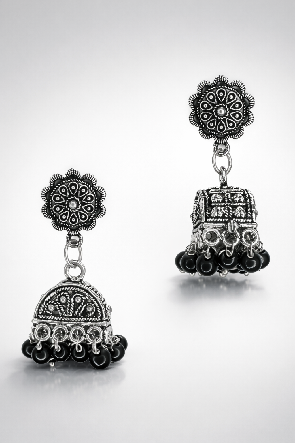 Ziva Black Bead Oxidised Jhumka Earrings