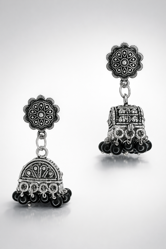 Ziva Black Bead Oxidised Jhumka Earrings