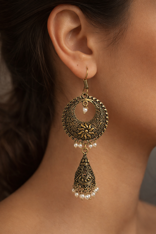 Aarohi Antique Gold Chandbali Jhumka Earrings