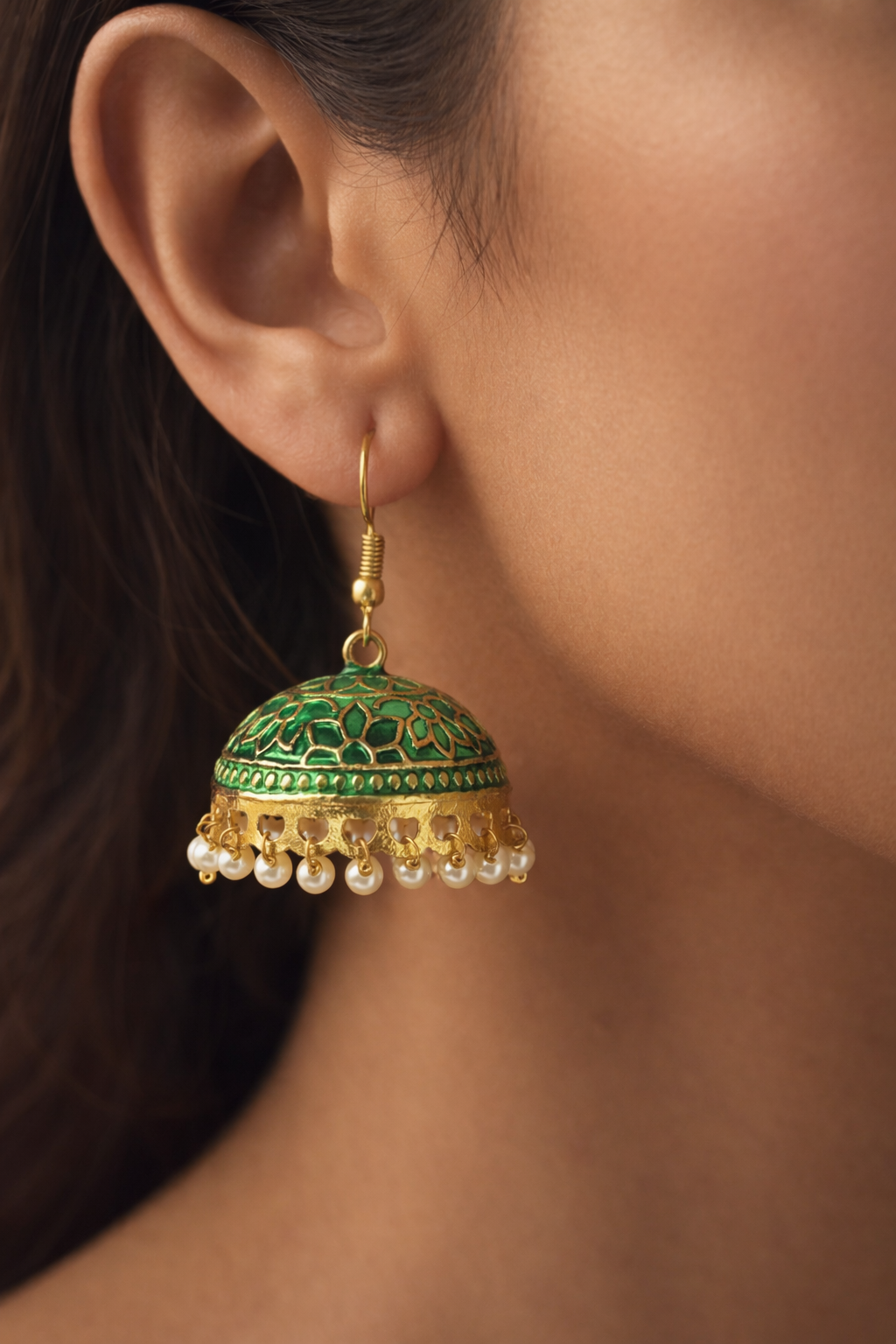 Meera Green Enamel Pearl Jhumka Earrings