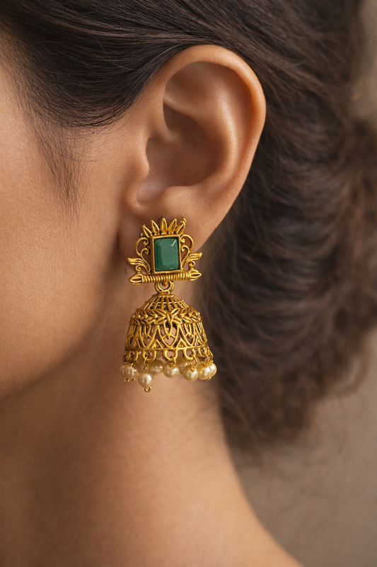 Zaria Emerald Pearl Jhumka Earrings