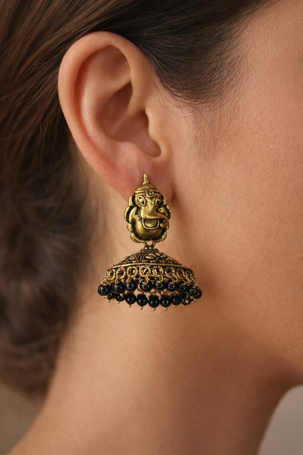 Ganesha Noir Temple Jhumka Earrings