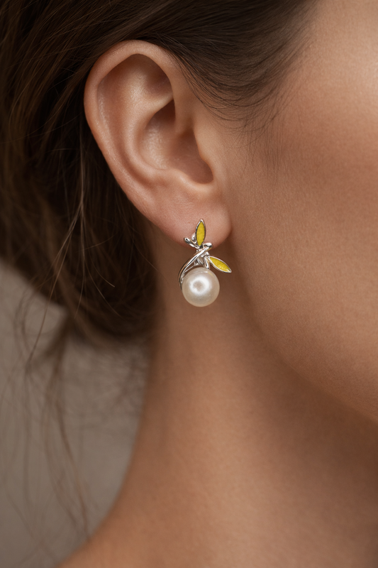 Citrus Leaf Pearl Stud Earrings