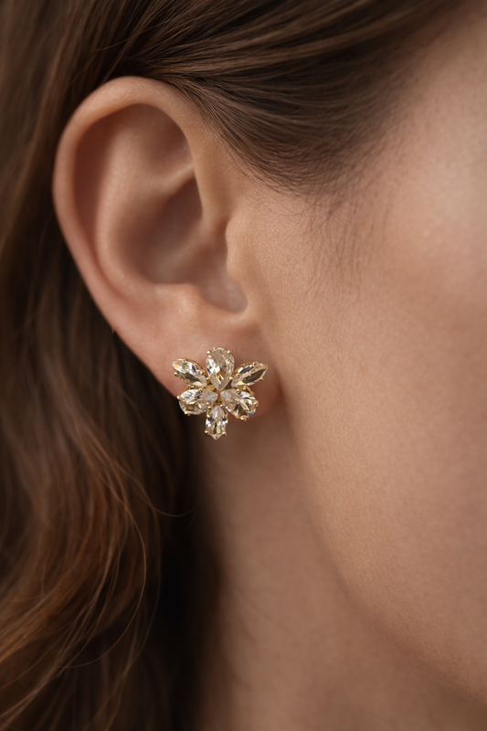 Golden Petal Crystal Stud Earrings