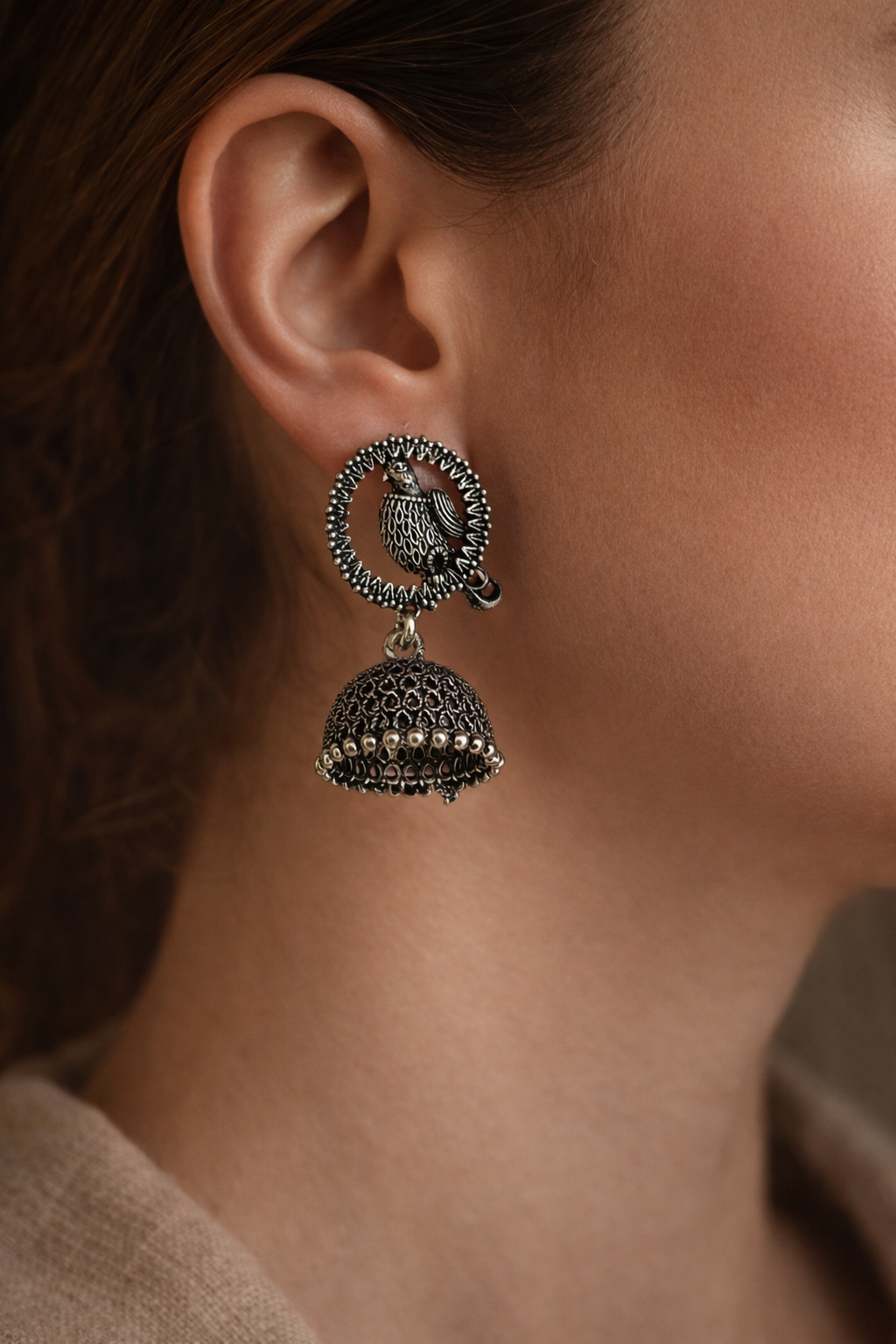 Aarna Bird Motif Jhumka Earrings