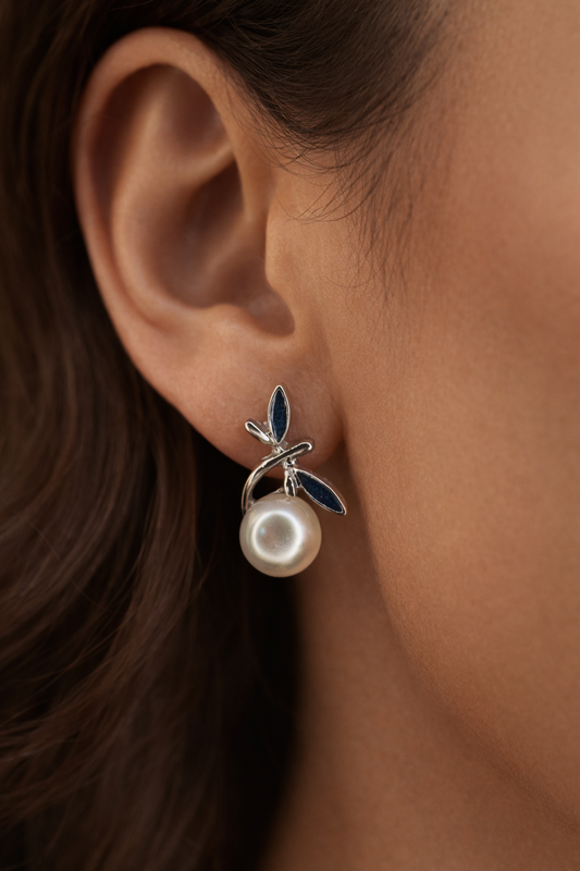 Sapphire Leaf Pearl Stud Earrings