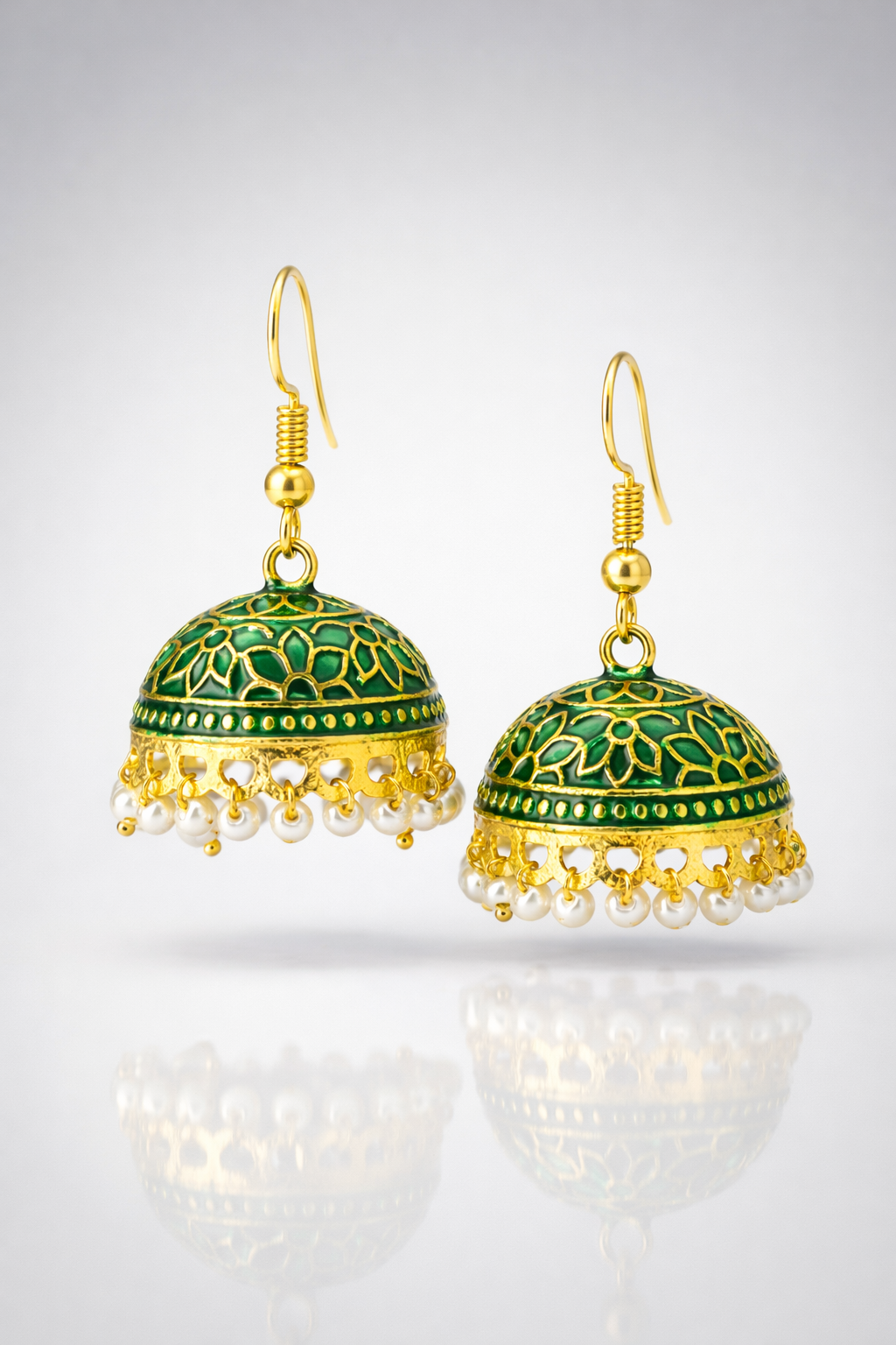 Meera Green Enamel Pearl Jhumka Earrings