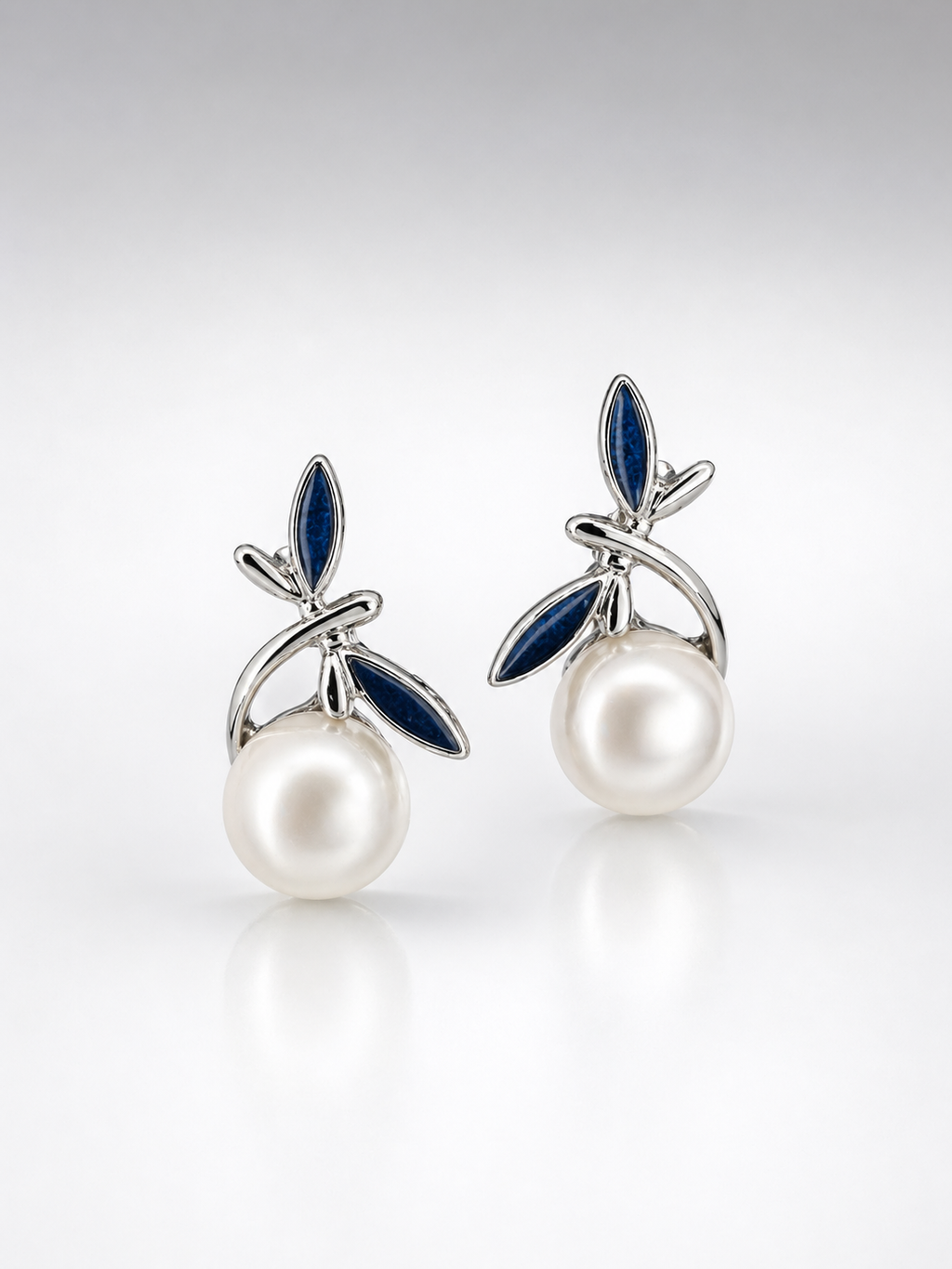 Sapphire Leaf Pearl Stud Earrings