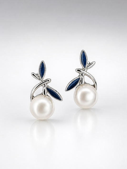 Sapphire Leaf Pearl Stud Earrings