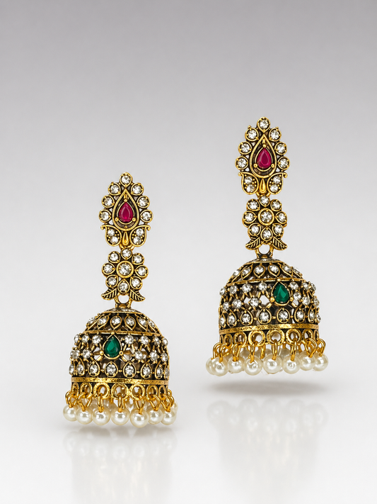 Elara Crystal Pearl Jhumka Earrings