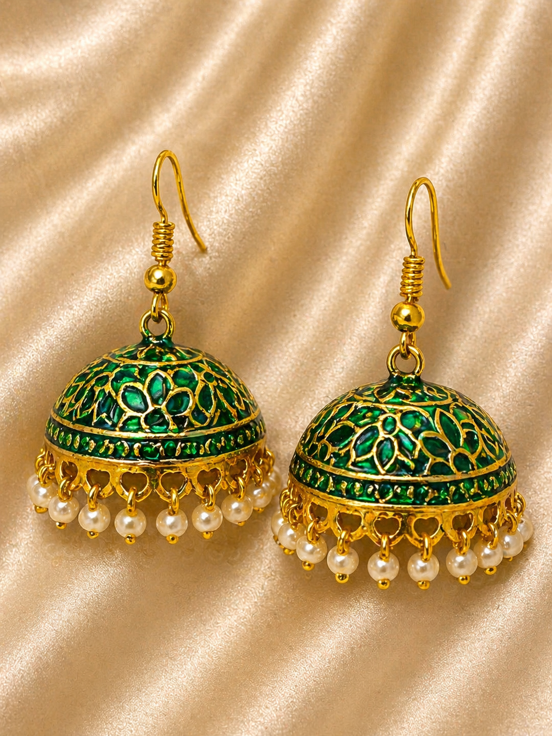 Meera Green Enamel Pearl Jhumka Earrings