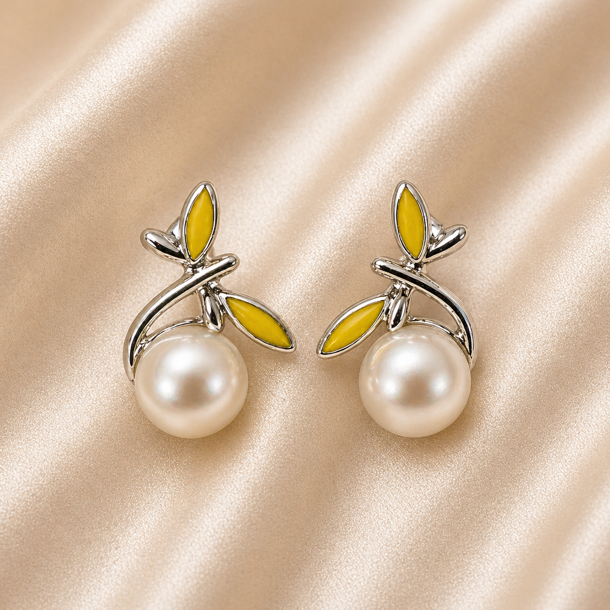 Citrus Leaf Pearl Stud Earrings