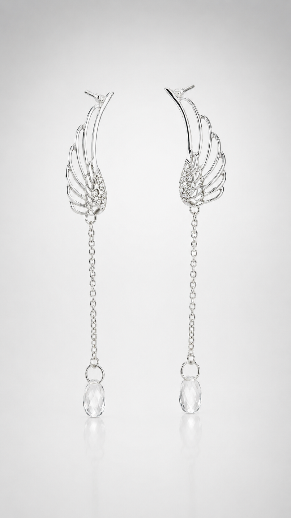 Silver Angel Wing Crystal Drop Earrings