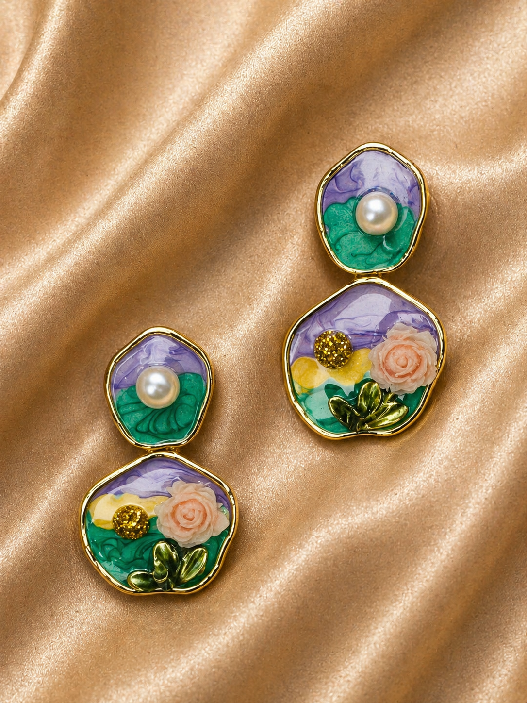 Pearl Floral Enamel Drop Earrings