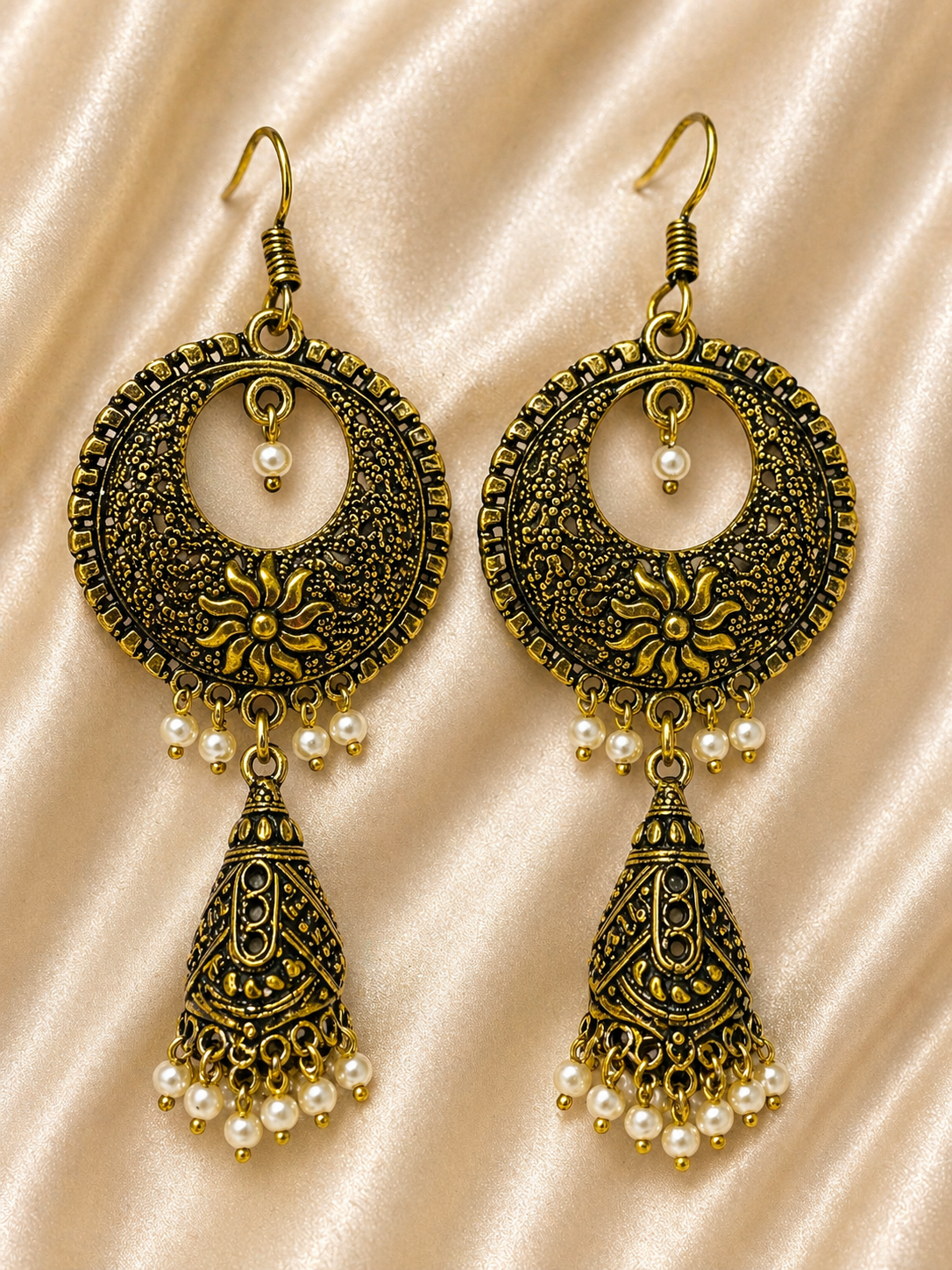 Aarohi Antique Gold Chandbali Jhumka Earrings