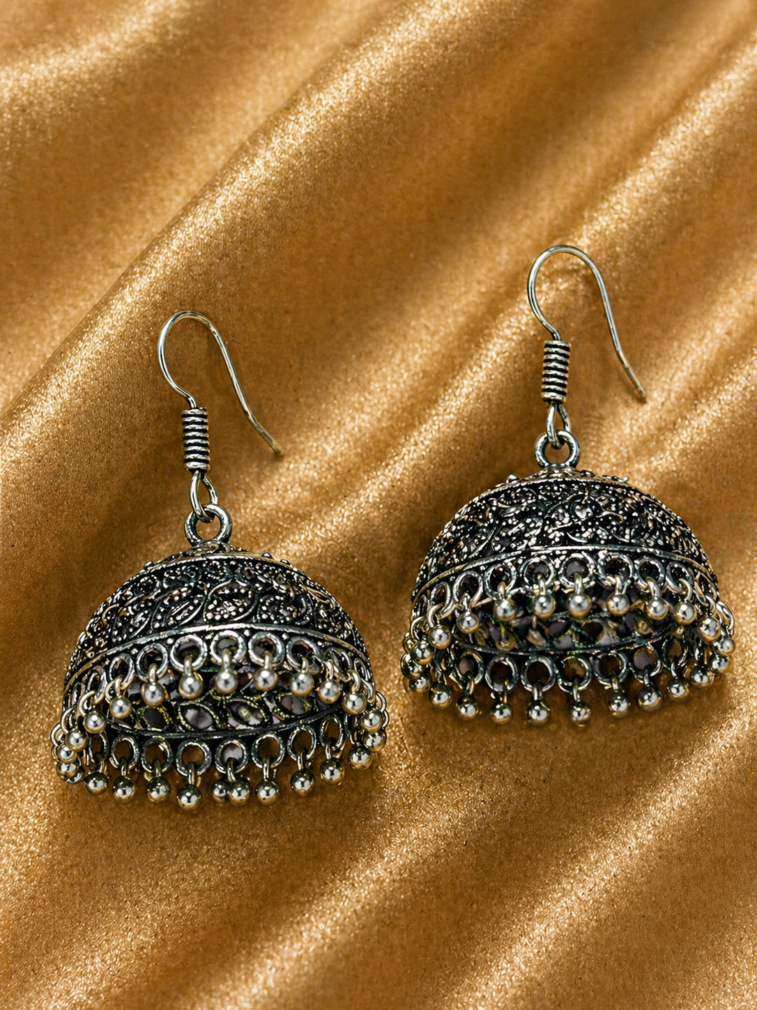 Ziva Oxidized Filigree Dome Jhumka Earrings