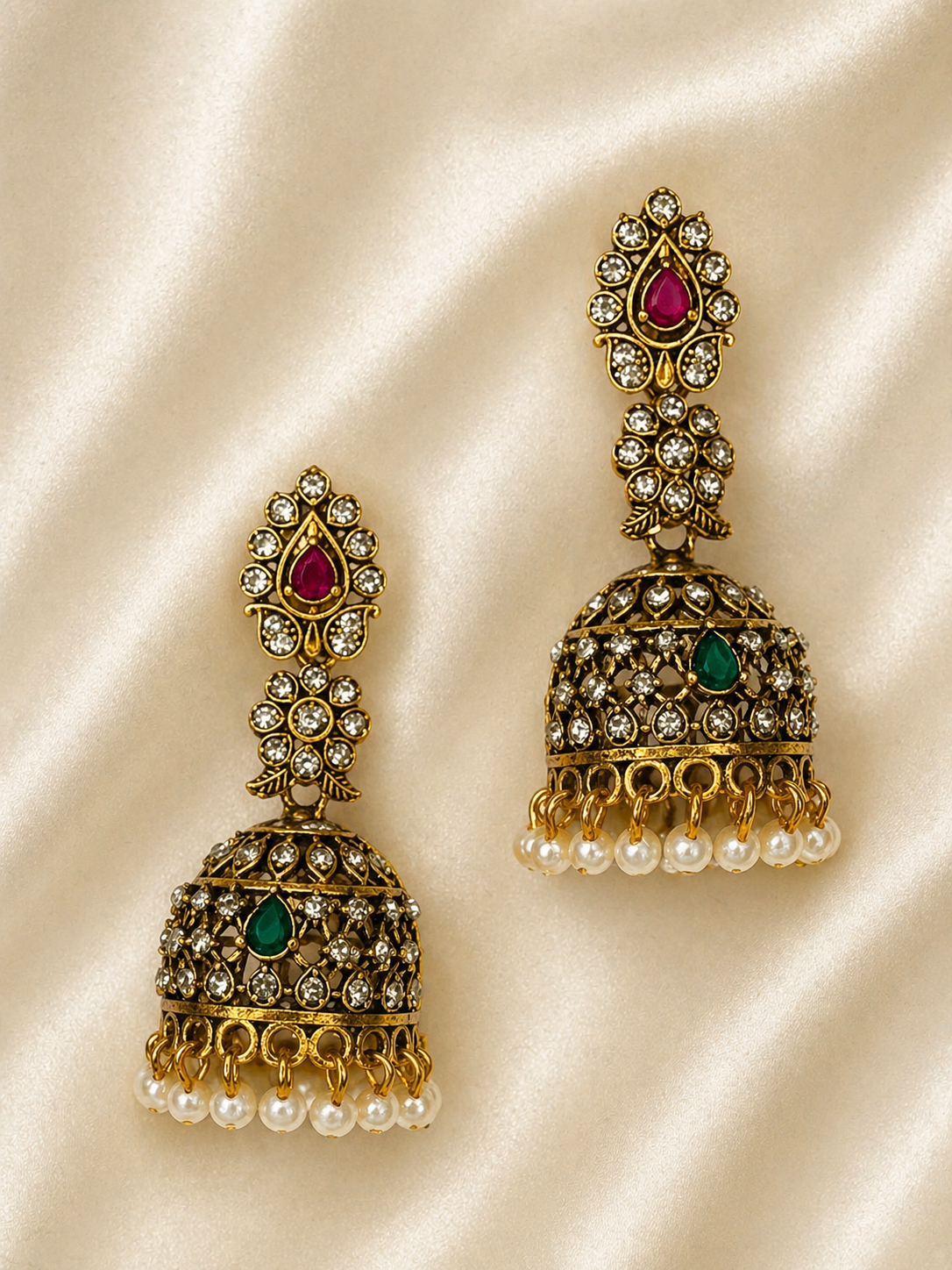 Elara Crystal Pearl Jhumka Earrings
