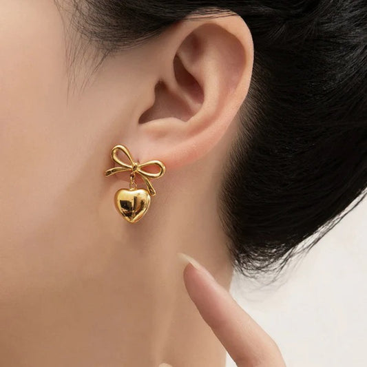 Ribbon Heart Drop Stud Earrings