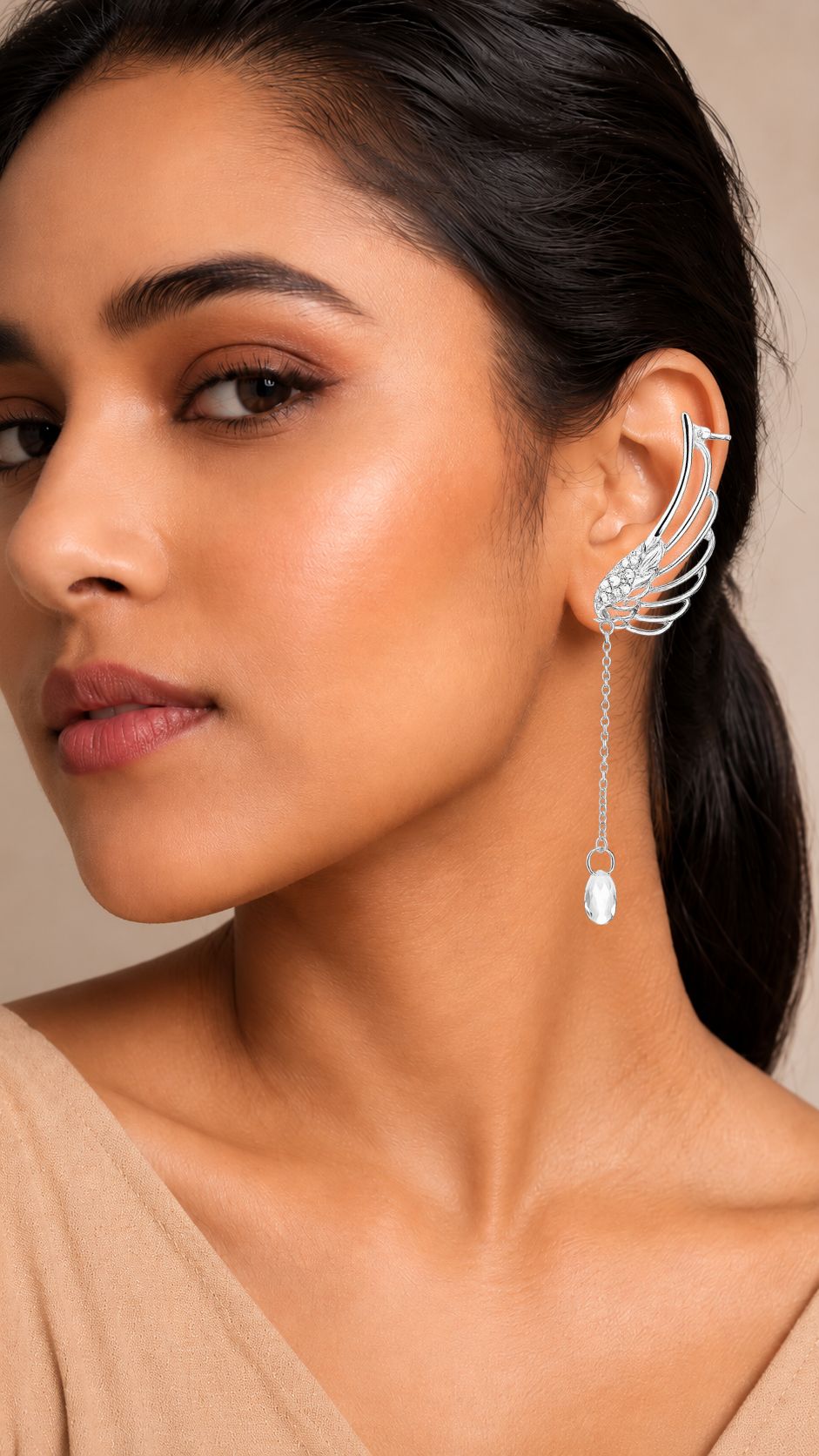 Silver Angel Wing Crystal Drop Earrings