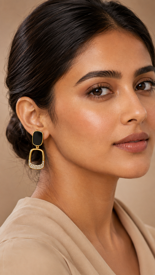 Black Enamel Crystal Geometric Drop Earrings