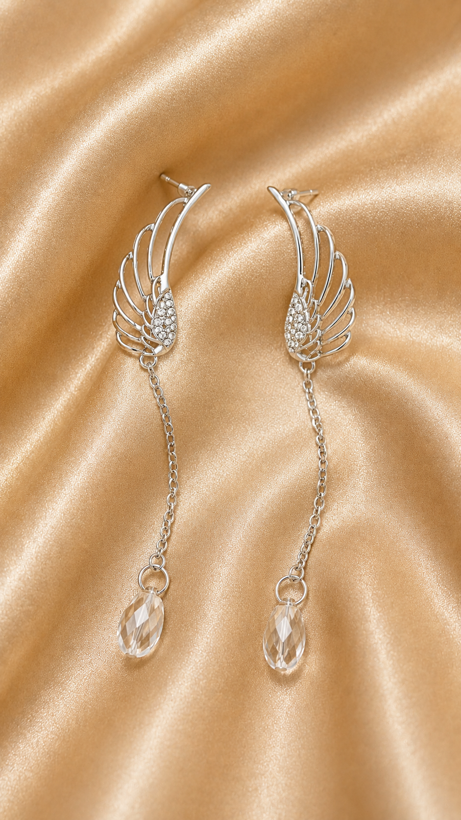 Silver Angel Wing Crystal Drop Earrings